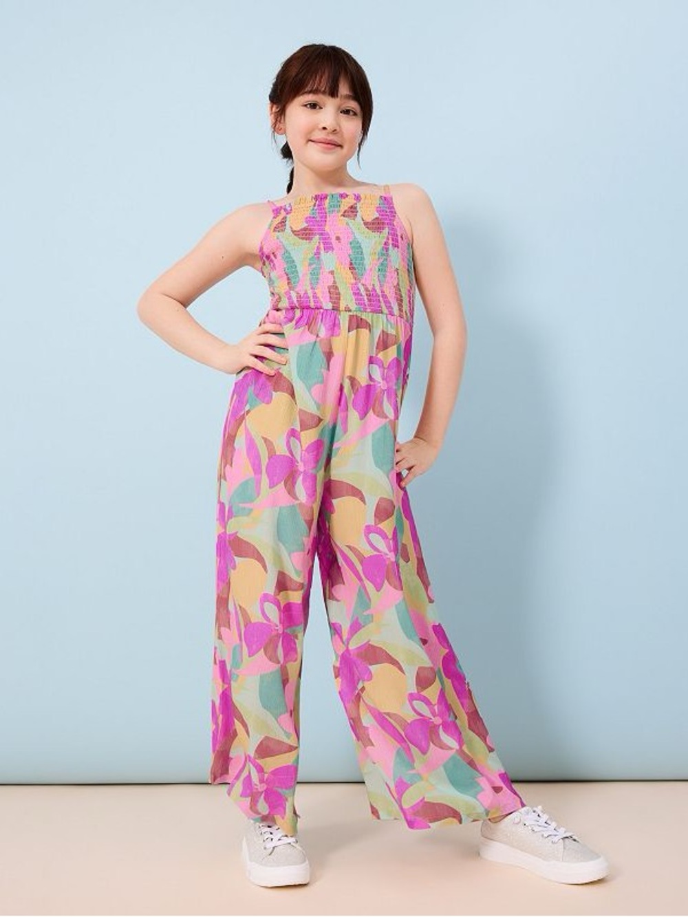 ROXY Coastal Life Floral Smocked Wide Leg Jumpsuit Girls Size M Mint Pink